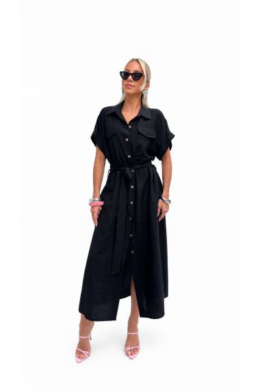 Sukienka Koszulowa Maxi Premium Wiązana w Pasie Elegancka Oversize Guziki Kieszenie - czarny